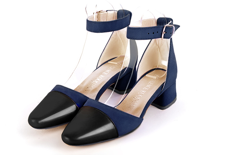 Gloss black and navy blue women's open side shoes, with a strap around the ankle. Round toe. Low flare heels - Florence KOOIJMAN